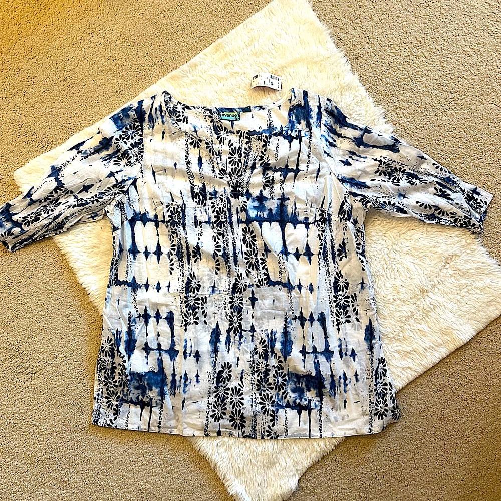 Avenue 18/20 cotton popover tunic w notch collar & hips shibori blue tie dye